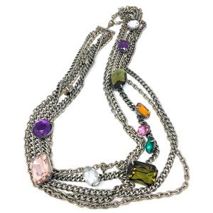 Multi-Strand Silver Chain-link Necklace with Jewel Toned Acrylic Gems